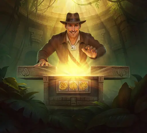 Darstellung eines privilegierten Moments und einer intensiven Spielerfahrung, die exklusive Gewi Entdecker voller Vorfreude, der in einem geheimen Tempel einen leuchtenden Schatz öffnet, als Symbol für exklusive Chancen, besondere Vorteile und den Zugang zu wertvollen Belohnungen dank dem sankra casino bonus