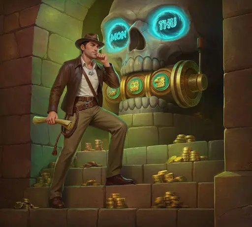 Darstellung eines überlegten Schritts und einer immersiven Spielerfahrung, die Planung, Spannung und besondere Belohnungen im sankra online casino vereint Nachdenklicher Abenteurer vor einem geheimnisvollen Tempelmechanismus in Form eines leuchtenden Schädels, umgeben von Goldmünzen, als Symbol für strategische Entscheidungen und den sicheren Zugang zu exklusiven Vorteilen über den sankra login